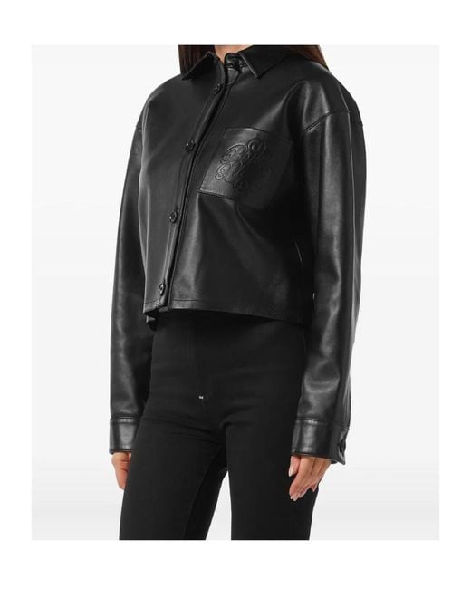 Philipp Plein Black Leather Cropped Shirt