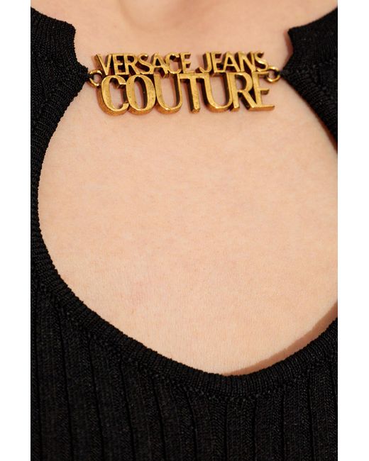 Versace Jeans Black Ruffled Ribbed-Knit Cropped Top