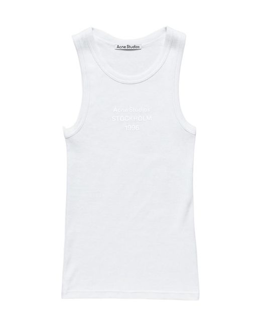 Acne White Logo-Print Ribbed Tank Top for men