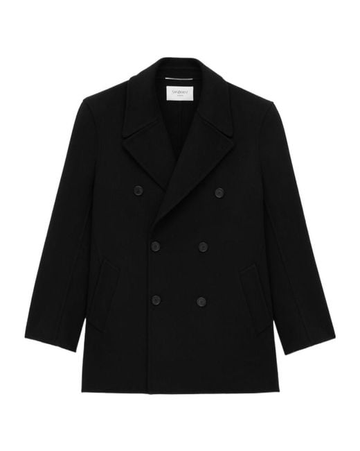 Saint Laurent Black Double-Breasted Long-Sleeved Peacoat for men