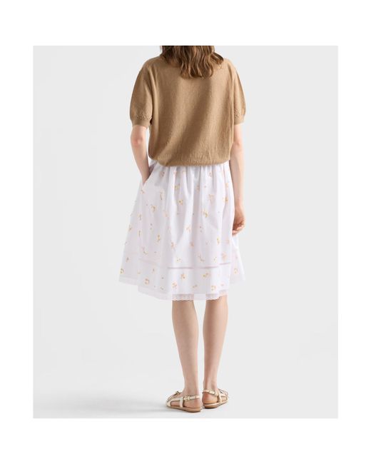 Prada White Embroidered Poplin Midi Skirt
