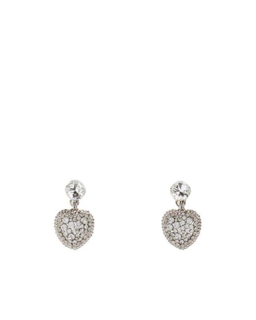 Alessandra Rich White Embellished Metal Heart Earrings