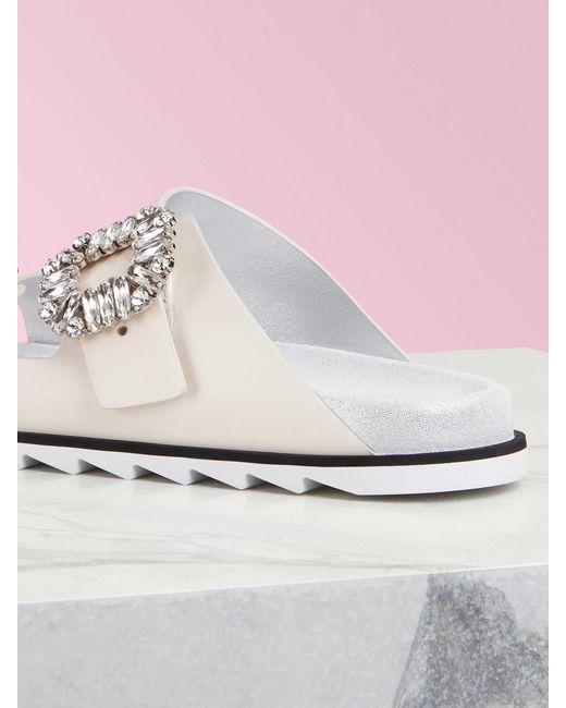 Roger Vivier White Slidy Viv' Buckle Open Toe Mules