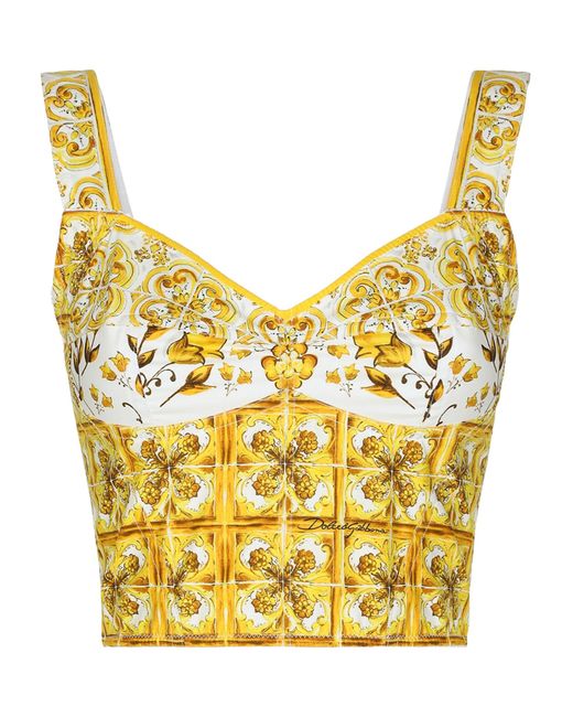 Dolce & Gabbana Yellow Majolica-Print Corset Crop Top