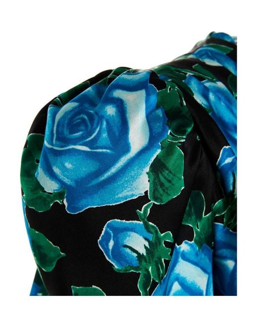 Alessandra Rich Blue Rose Printed Satin Draped Mini Dress