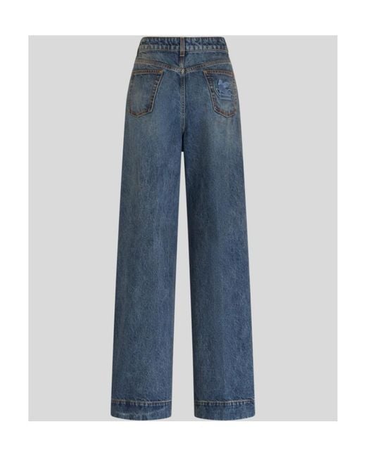 Etro Blue Logo Embroidered Wide-Leg Jeans