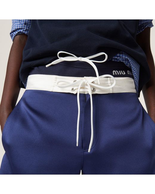 Miu Miu Blue Contrasting-Waistband Drawstring Satin Shorts