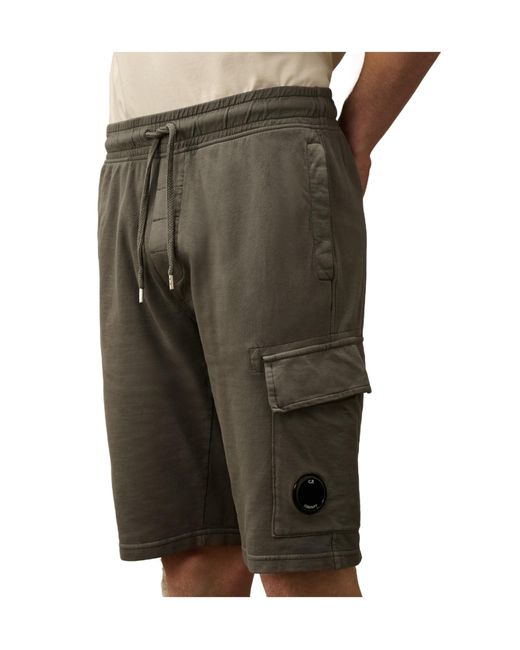 C P Company Gray Light Fleece Cargo Lens Shorts for men