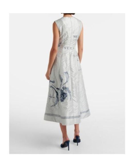 Erdem Blue Printed Satin Twill Midi Dress