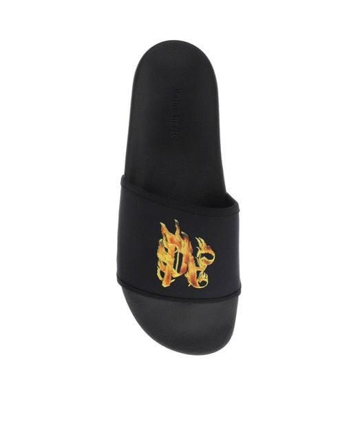 Palm Angels Black Flame Monogram Printed Round Toe Slides for men