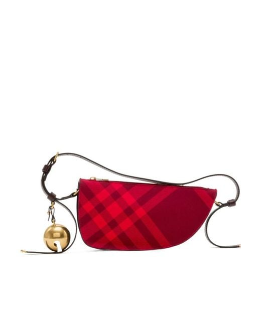 Burberry Red Mini Shield Check-Pattern Bell-Charm Shoulder Bag
