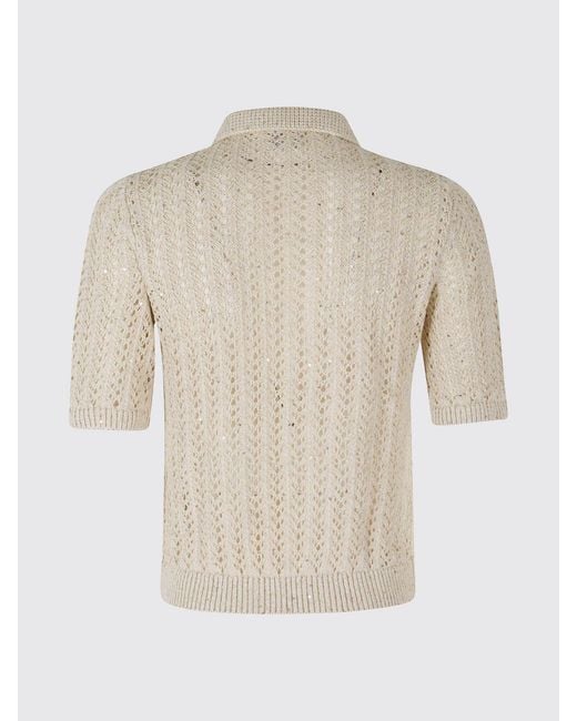 Eleventy White Open-Knit Short Sleeved Polo Top