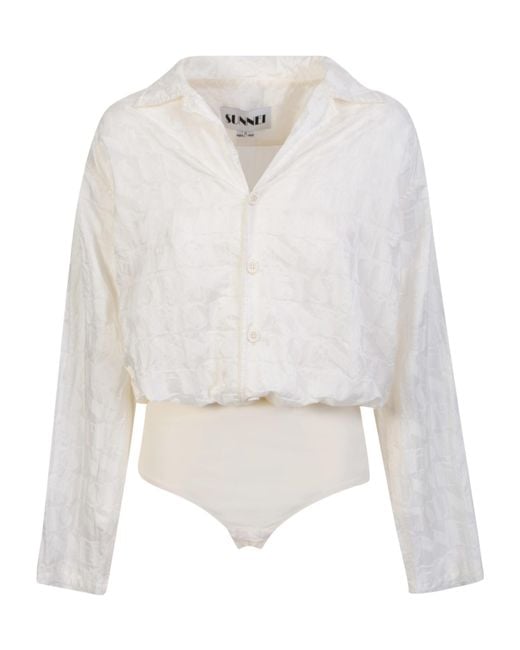 Sunnei White Logo-Jacquard Buttoned Bodysuit