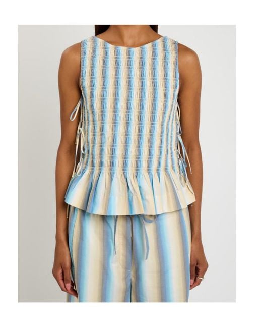 Ganni Blue Ombre Stripe Smocked Cotton-Poplin Top