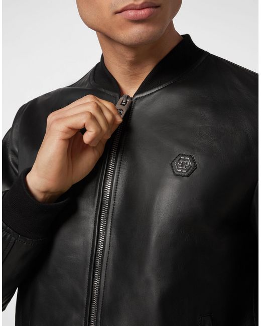 Philipp Plein Black Billy Logo Patch Bomber Jacket for men