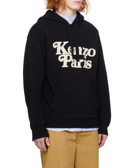 KENZO Black Logo Detailed Drawstring Knit Hoodie for men