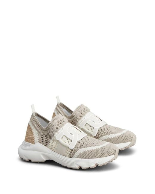 Tod's White Logo Patch Knit Slip-On Sneakers