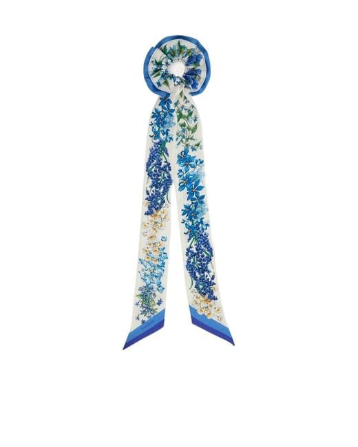 Ferragamo Blue Spring Print Silk Scrunchie With Mini Bandeau