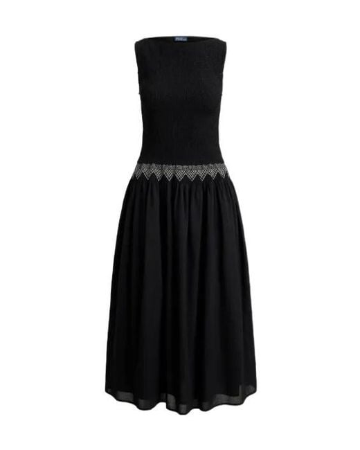 Polo Ralph Lauren Black Shirred-Trim Midi Dress