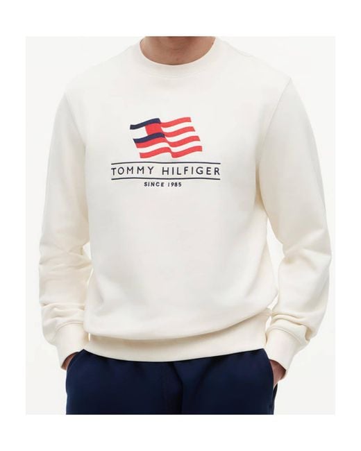 Tommy Hilfiger White Rwb Main Flag Terry Crew Sweatshirt for men
