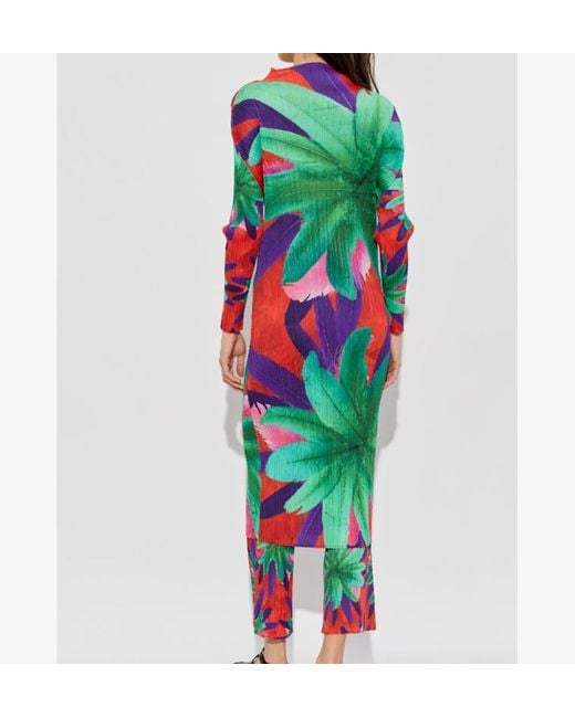 Pleats Please Issey Miyake Green Carnival Floral-Print Pleated Midi Dress
