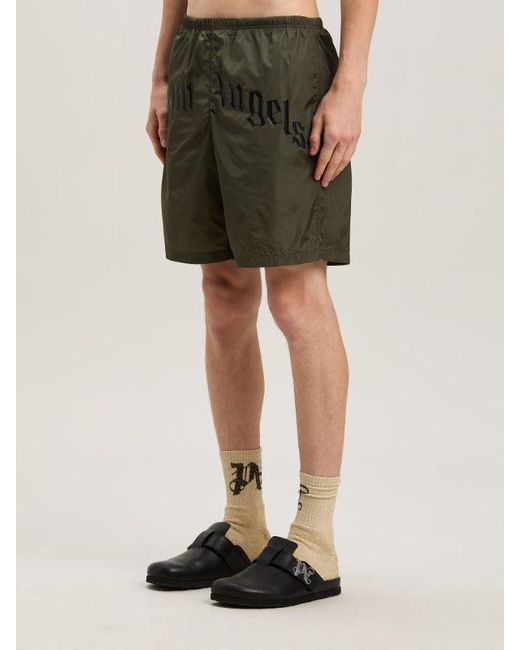 Palm Angels Green Curved Logo Elastic Waist Swim Shorts for men