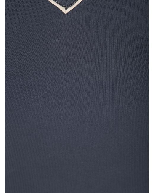 Brunello Cucinelli Blue Monili-Detailed Ribbed T-Shirt