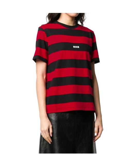 MSGM Red Stripe Logo Print Short-Sleeved T-Shirt