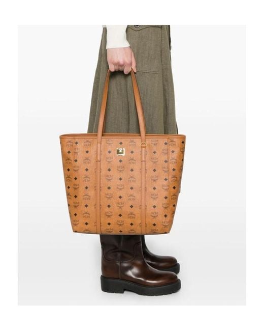 MCM Brown Allover Logo Printed Tote Bag