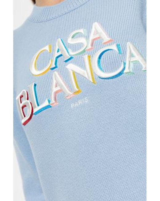 Casablanca Blue Logo Embroidered Cropped Knit Sweater