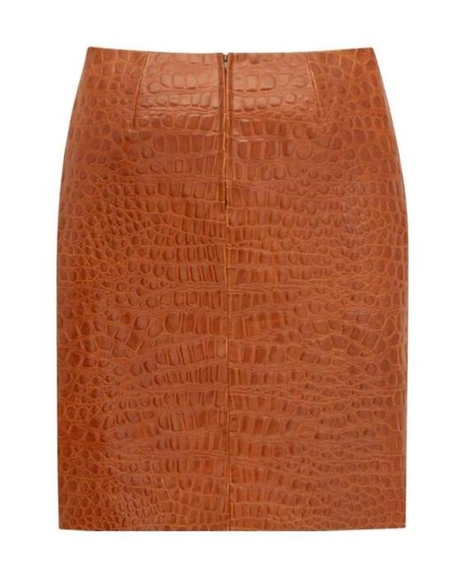 Saint Laurent Brown Leather Croc-Embossed Mini Pencil Skirt