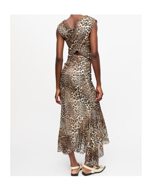 Ganni Natural Leopard Ruched V-Neck Dress