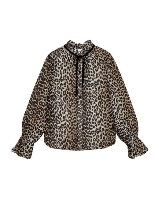 Ganni Gray Leopard Printed Chiffon Tie String Shirt