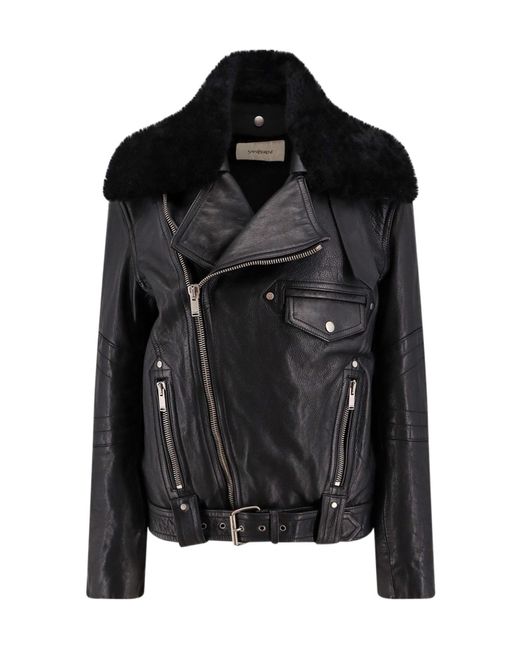 Saint Laurent Black Biker Leather Jacket With Removable Collar