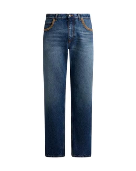 Etro Blue Straight-Leg Cotton Denim Jeans With Contrasting Details for men