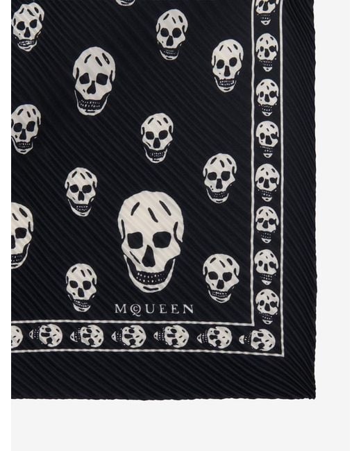 McQueen Black Pleated Skull-Print Scarf