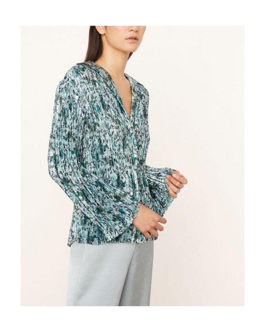 Vince Blue Berry Blooms V-Neck Pleated Shirt