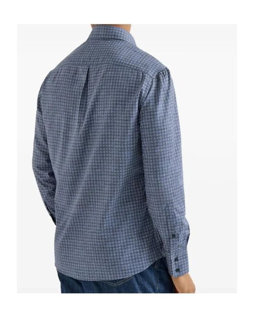Brunello Cucinelli Blue Flower-Print Button-Down Collar Shirt for men