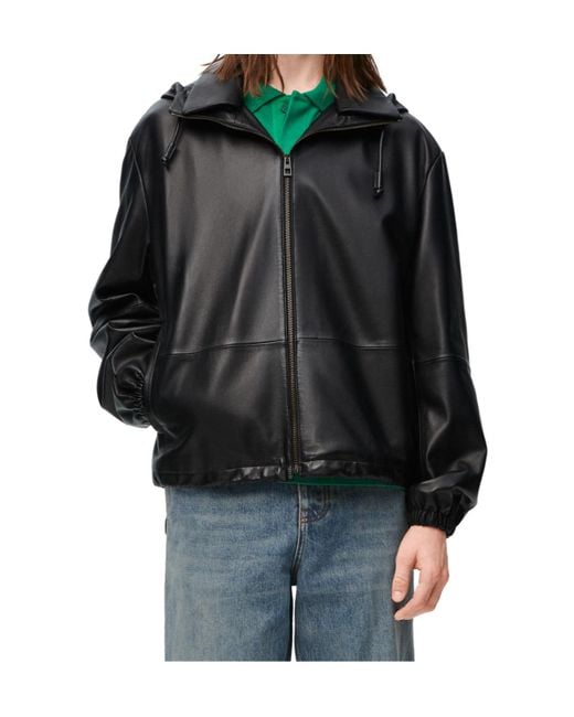 Loewe Black Hooded Zipped Leather Jacket for men