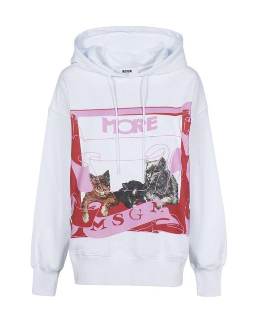 MSGM White Cat-Printed Drawstring Hoodie