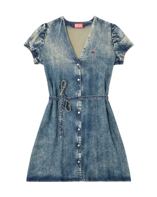 DIESEL Blue Puff-Sleeves Buttoned-Front Mini Day Dress