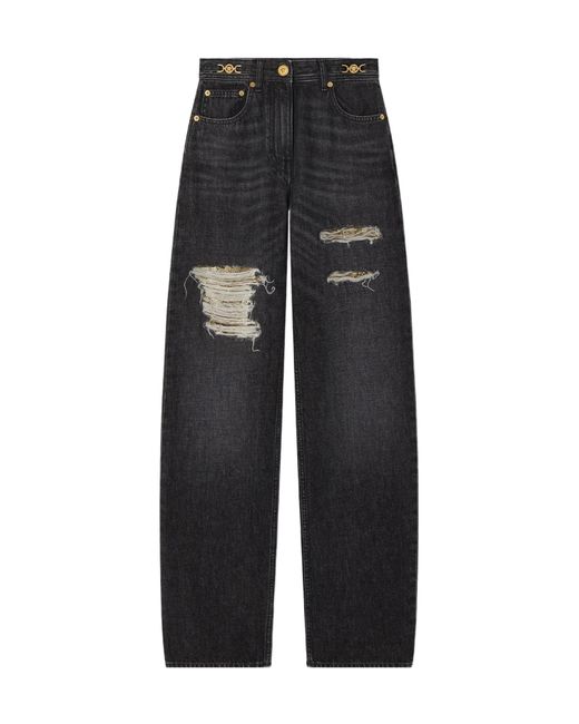 Versace Black Distressed Straight-Leg Jeans