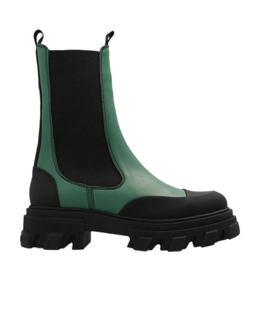 Ganni Green Colour Blocked Round Toe Ankle Boots