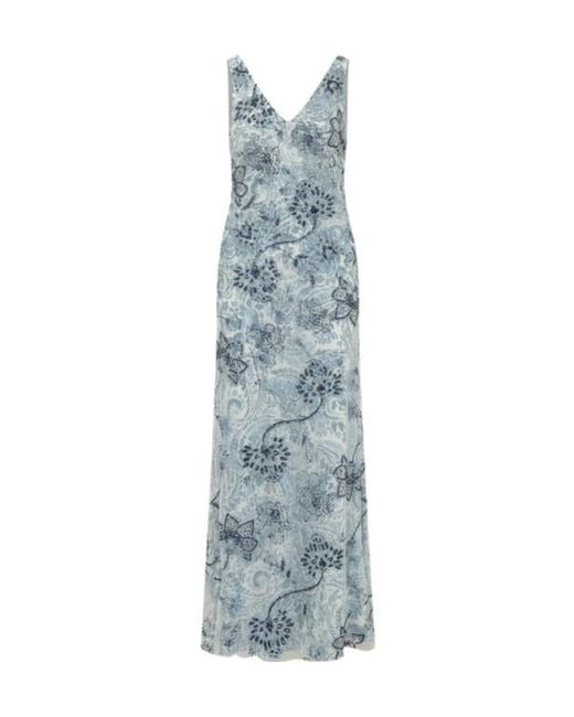 Ralph Lauren Blue Lauren Printed V-Neck Gown Dress