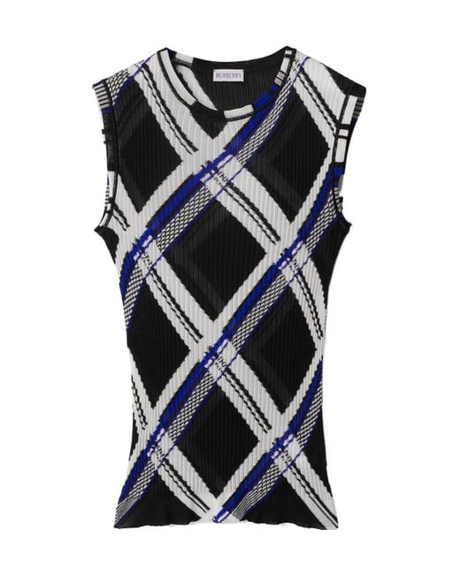 Burberry Blue Checked Ribbed-Knit Sleeveless Top for men
