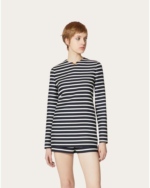 Valentino Black Logo Plaque Striped Crewneck Jumpsuit