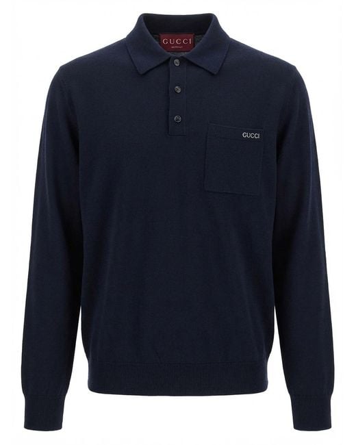 Gucci Blue Fine Wool Knit Polo Top With Intarsia for men