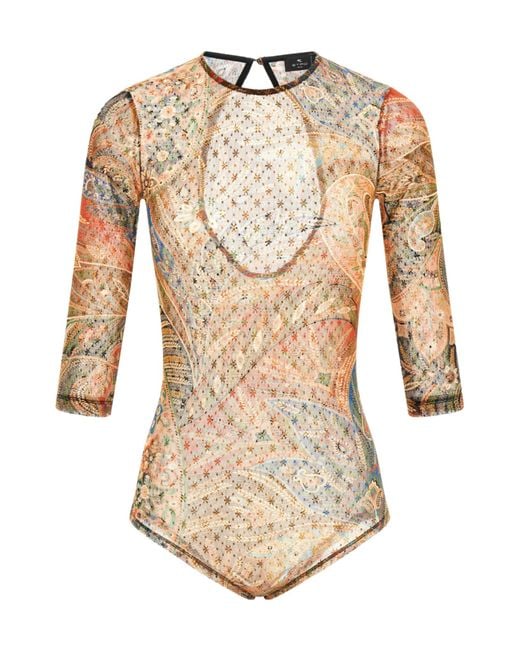 Etro Natural Paisley Foliage Print Tulle Bodysuit