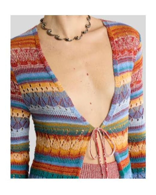 Etro Red Long Knit Cotton Cardigan With Stripes And Openwork