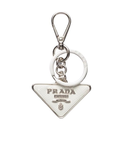 Prada White Saffiano Leather And Metal Keychain for men